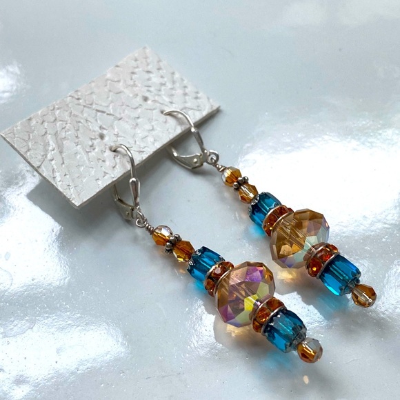 Vintage Swarovski 925 Lever Back Blue & Gold AB Crystal Glass Dangling Earrings - Picture 5 of 5